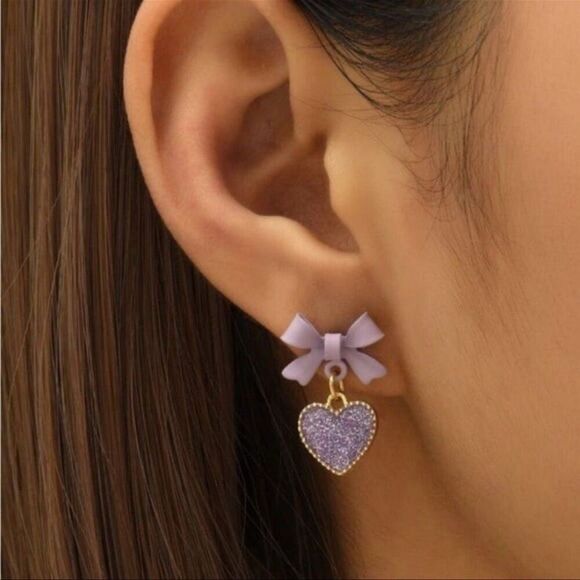 Cute Coquette Girly Purple Glitter Heart Shaped Dangle Earrings NEW - Picture 1 of 5